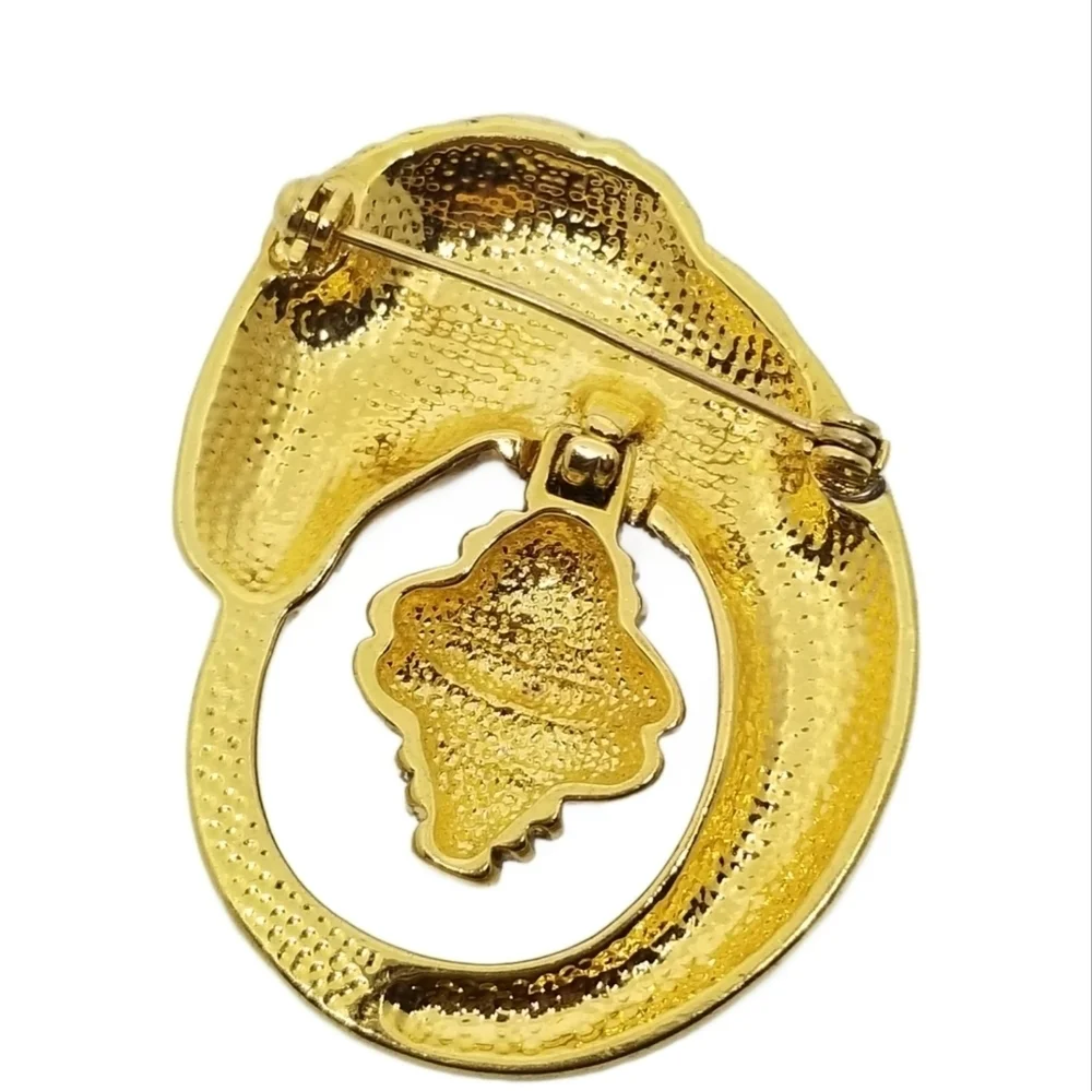VINTAGE 1980s GOLDTONE RAMS HEAD DOORKNOCKER STATEMENT BROOCH